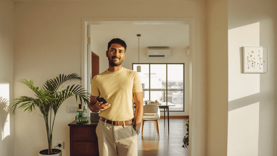 A property owner standing in a bright, freshly furnished rental flat, holding a phone
